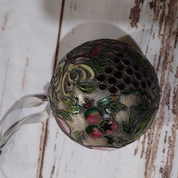 Vintage Cloisonne Pewter and Enamel Fruit Motif Ball/Sphere Ornament - Picture 5 of 11